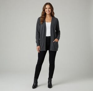 Knit Best Charcoal Grey Cotton Open Front Cardigan Long Blazer Women M VG